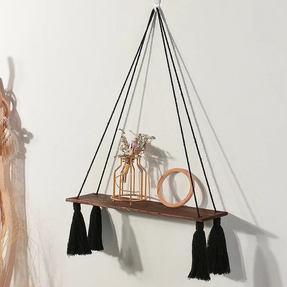

Organizer Hand-Woven Tassel Tapestry Planter Shelf Black Plank Home Hanging Storage Wall Hanging