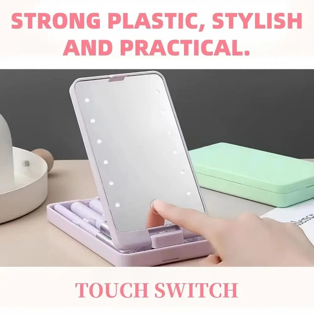 Rotatable Mirror Travel Makeup Brush with Light Adjustable Brightness USB Rechargeable LED Makeup Mirror Brush Set Foldable