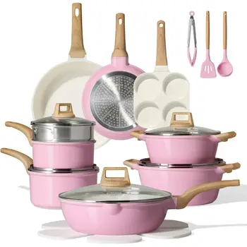 Non-Stick 21-Piece Cookware Set with Frying Pan, Induction Compatible, Pink Kitchen Essentials 1