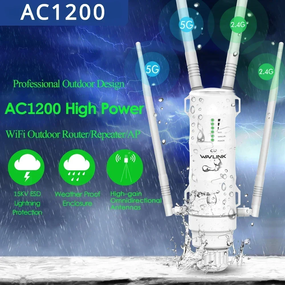 Wavlink High Power AC1200 Outdoor Waterproof Wireless WiFi Repeater AP/WiFi Router Dual Dand 5G Long Range Extender Antenna 2