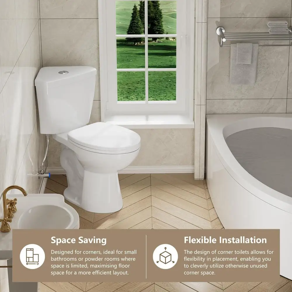 Corner Elongated Toilet Compact Dual Flush Toilets with Comfort Height Bowl & Slow Close Seat Small Bathroom Solution Water 6