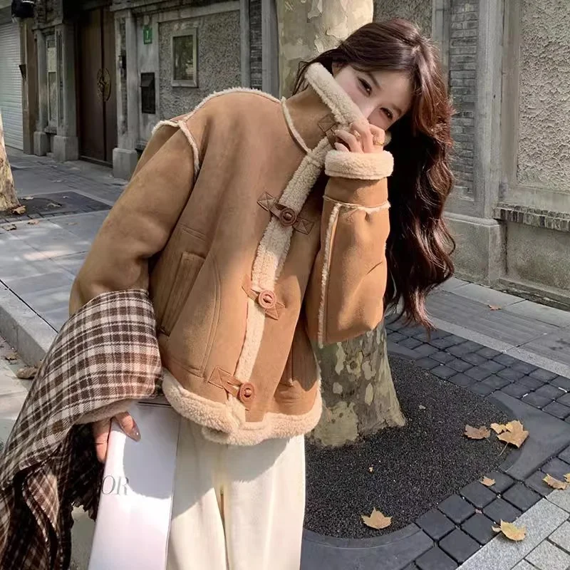 Academy Style Fashion Fur integrated Lamb Fur Jacket for Women's Winter 2024 New Loose Thickened Deer Skin Velvet Fur Coats Pink