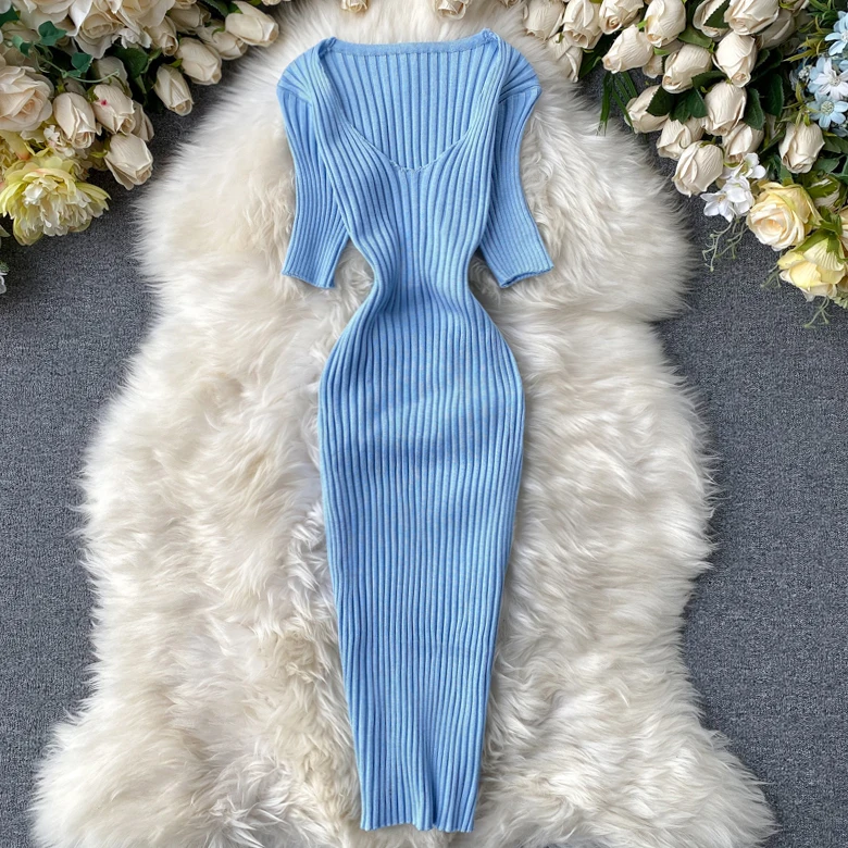 Women's V-neck Knitted Tight Fit Bodycon Dress Pure Color Summer 2020 New  Style Korean Style High Waist Midi Skirt Dress - AliExpress 200000345