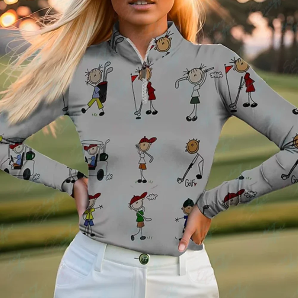 Women Golf Polo Shirt Women's Golf Polo Long Sleeve Shirt Cartoon Print Breathable Quick-drying Golf Top