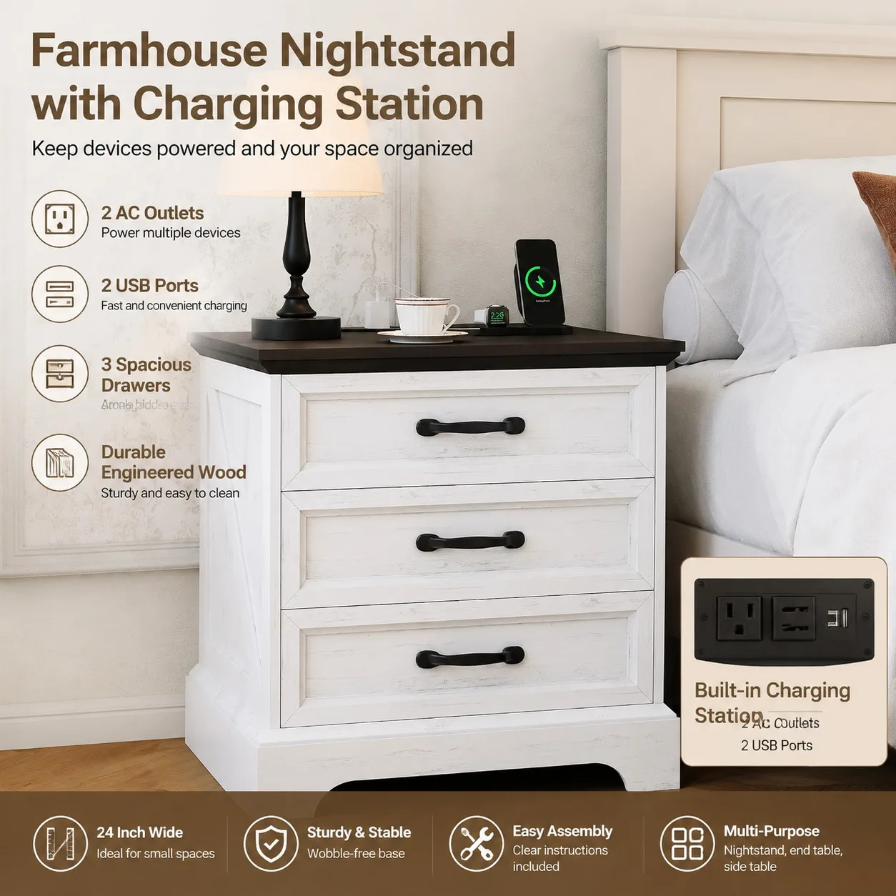 Farmhouse Nightstand with Charging Station 3 Drawer White Bedside Table with 2 AC Outlets and 2 USB Ports Storage Cabinet End Table for Bedroom Living Room Small Space 1