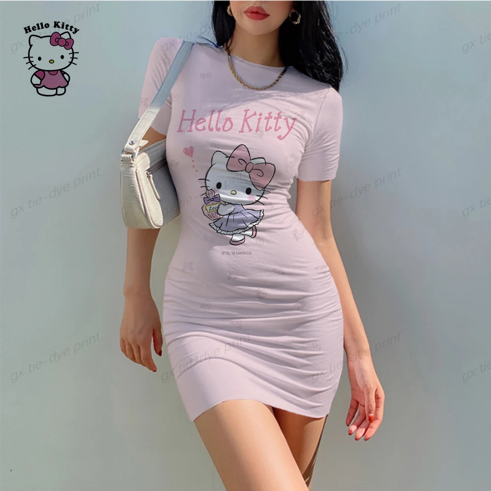 

Женское платье с длинным рукавом и круглым вырезом, с принтом Hello Kitty