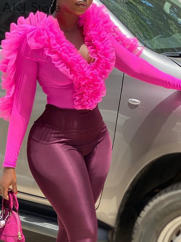 

Women Sexy Ruffle Hem Plunge Long Sleeve Bodysuit