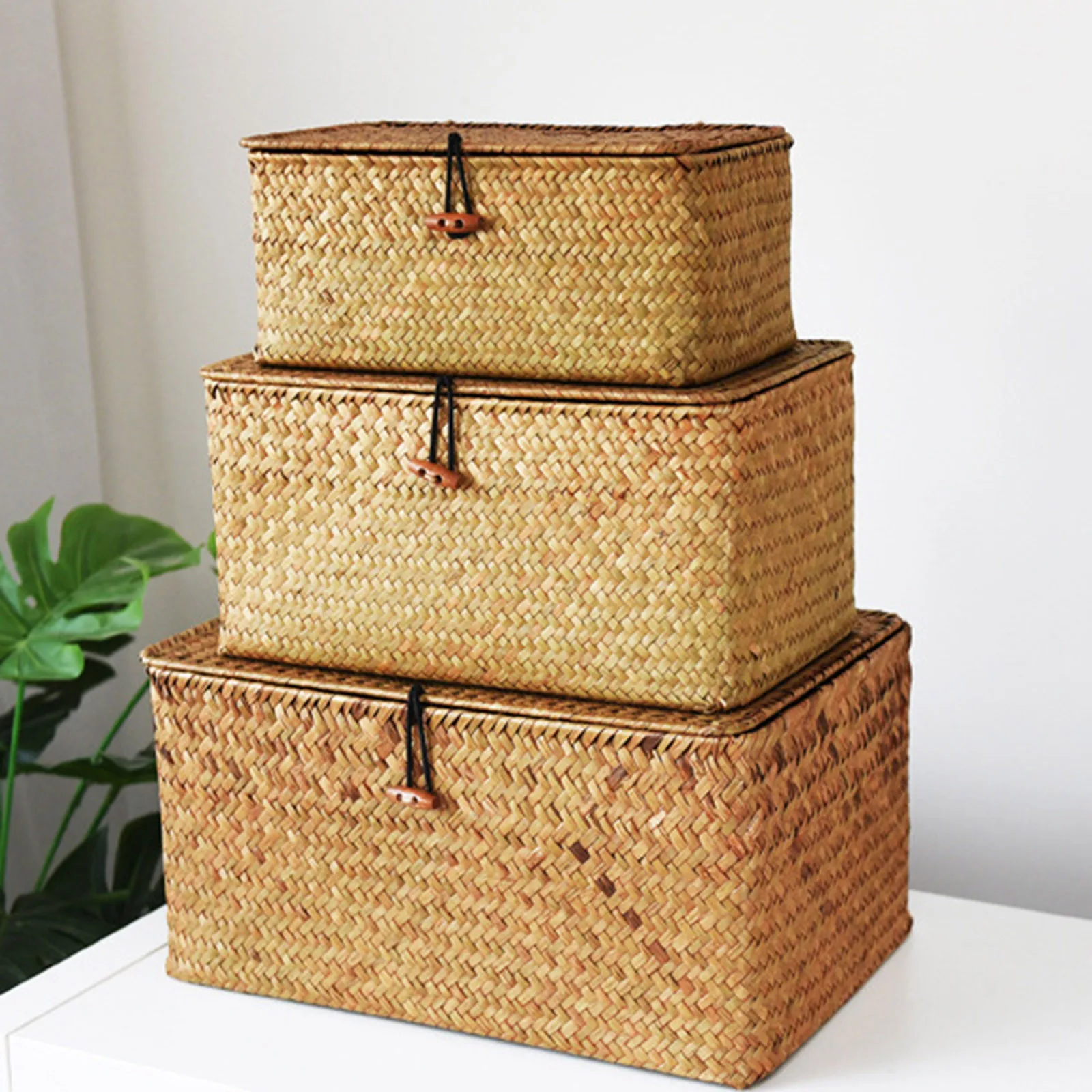 1pc Handmade Seagrass Woven Storage Box Seaweed Storage Finishing Basket with Lid Sundry Bath Cosmetic Towel Container mx0116182