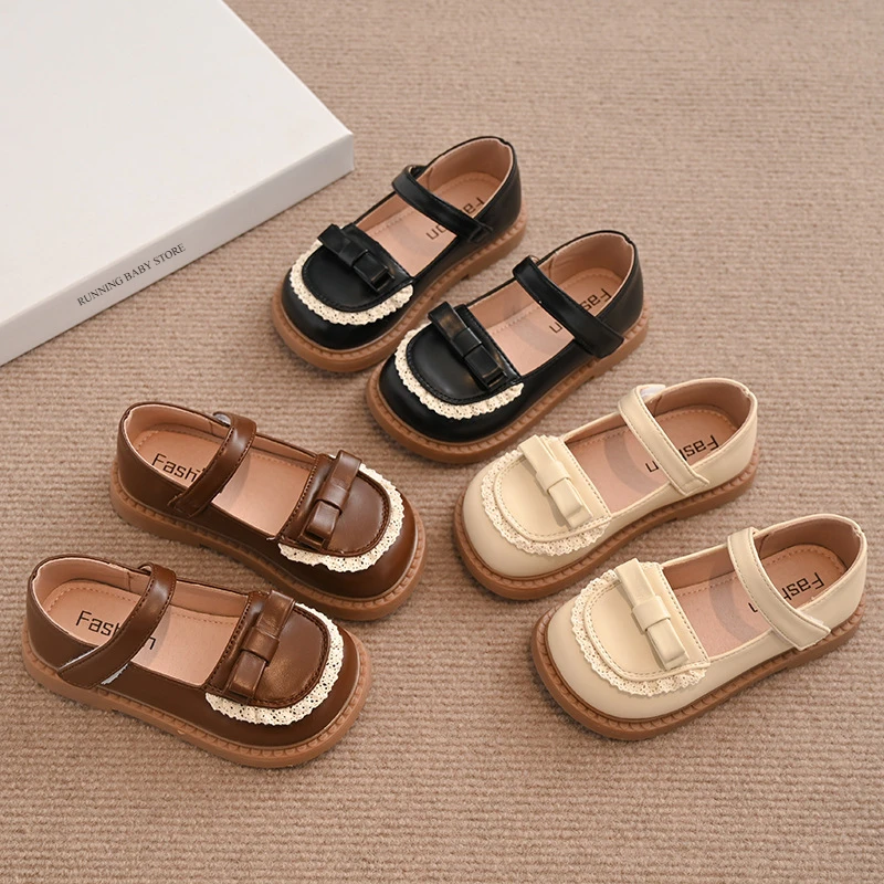 Children PU Leather Shoes Spring Girl Soft Anti-slip Princess Mary Janes Lace Bordered Fashion Baby Flats