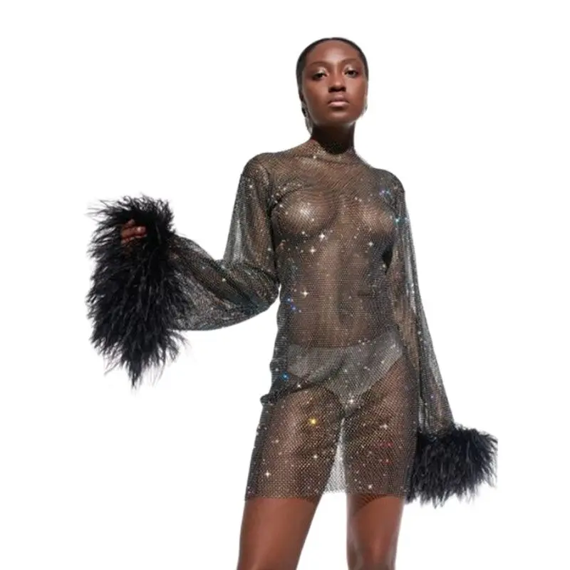 

Dresses For Women 2022 Sexy Fashion Shiny Rhinestone See Through O Neck Long Sleeve Feather Slim Elegant Mimi Dress y2k Clothes
