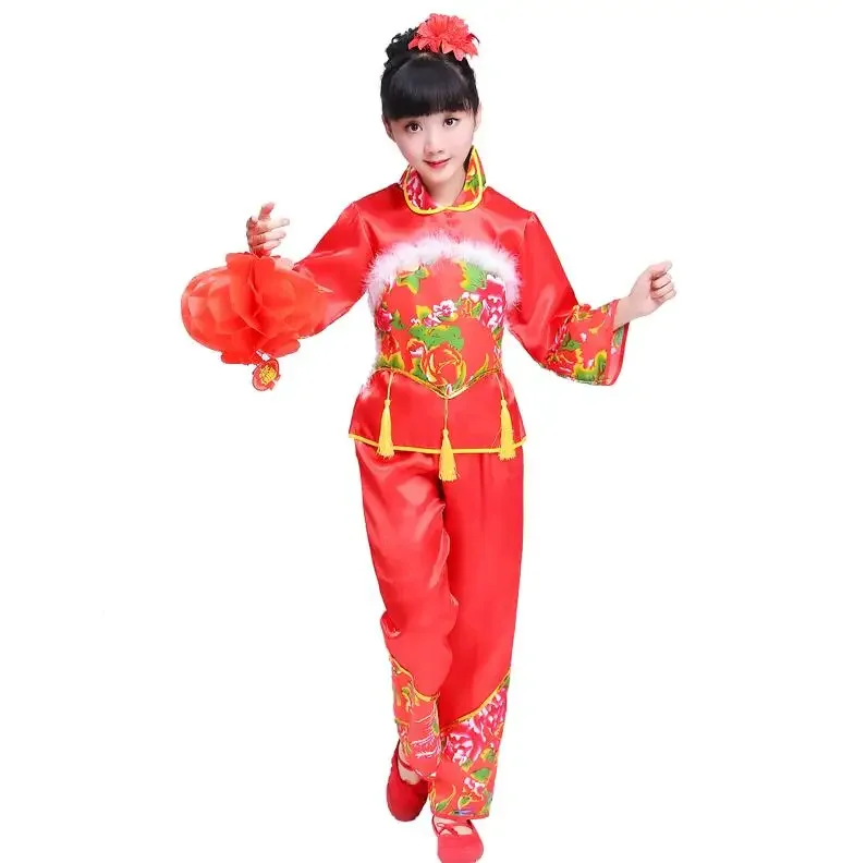 New Year Red Hanfu children's Girls Traditional Suit National Younger Style Clothing Fan Yangko Stage Dancing Clothes Costumes
