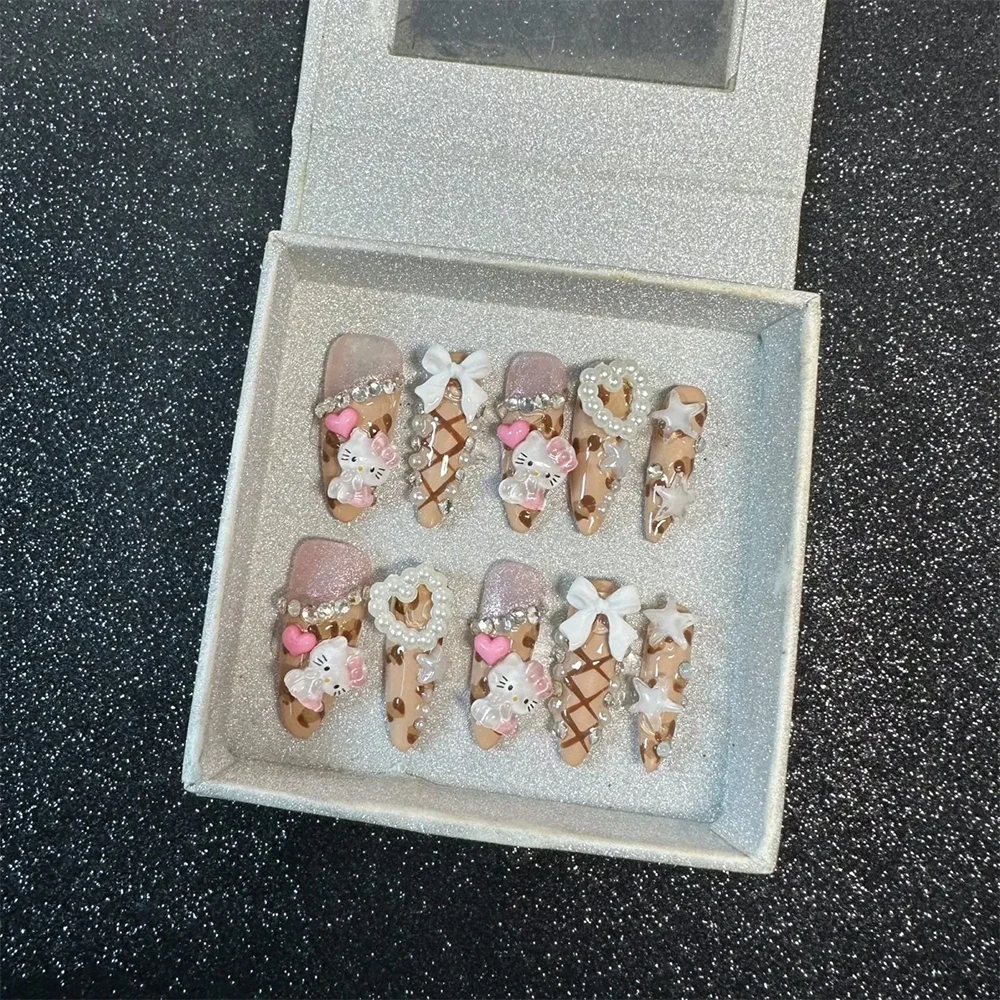 Kawaii 3D Wearable Press on Nails Hello Kitty French Long Short Coffin Square Almonds Customizable Reusable Full Cover Nail Tips 6