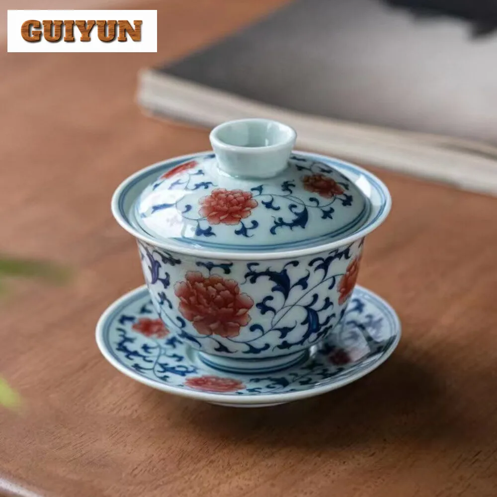 200ml Blue and White Porcelain Single Tea Making Bowl, Sancai Gaiwan Ceramic Glazed Red Lid Bowl Household Kung Fu Teaset Gifts
