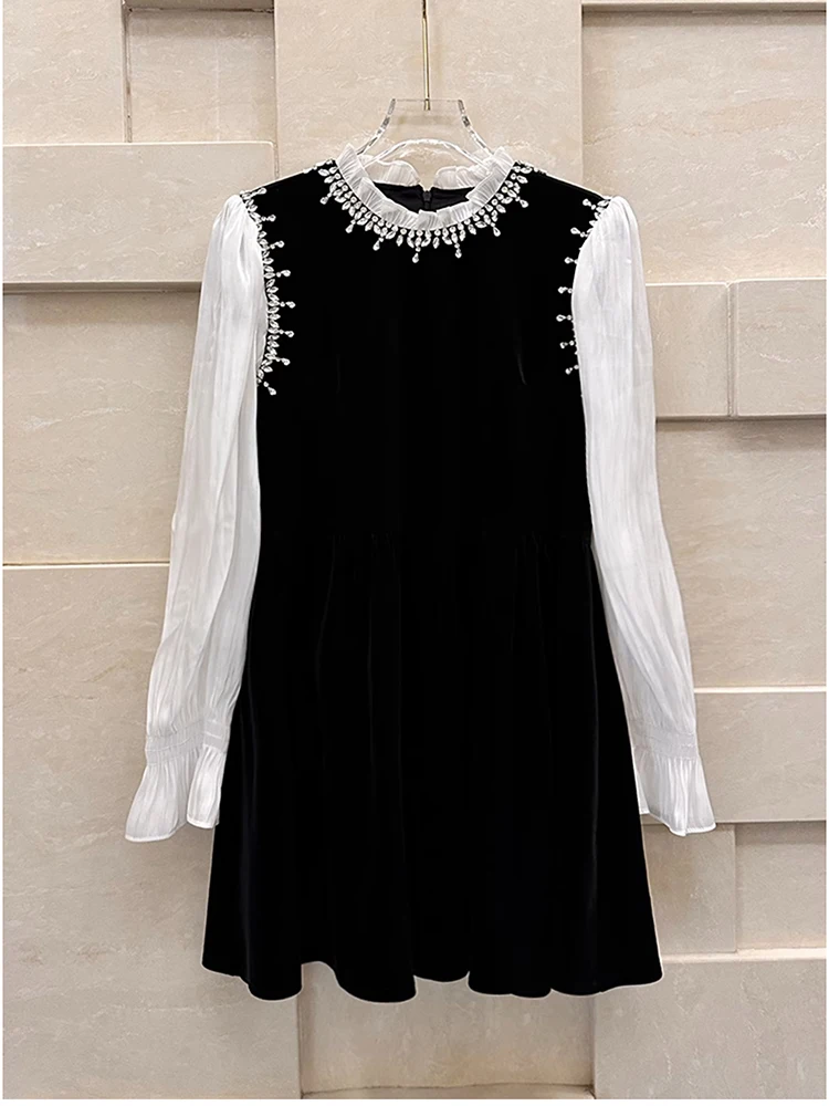 

HIGH STREET Newest 2024 Designer Stylish Fashion Women's Strass Diamonds Beaded Color Block Long Sleeved Velvet Dress