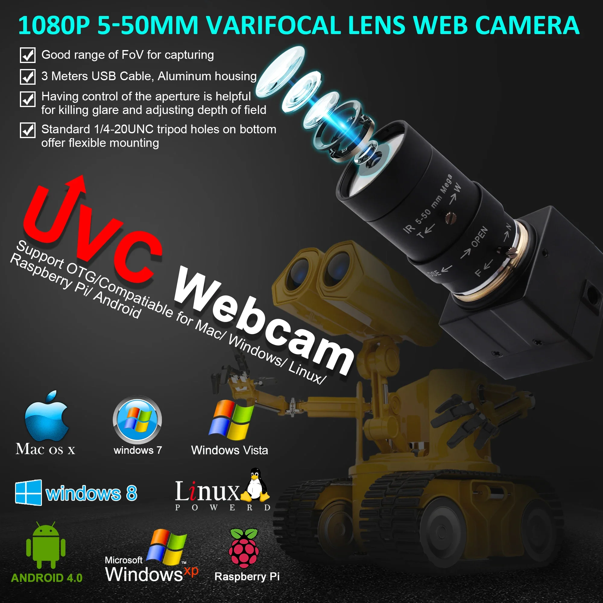 ELP 2 MP USB Camera 1080P 30fps 720P 60fps 480P 120fps Manual Focus Webcam for Windows Android Linux Mac PC Laptop