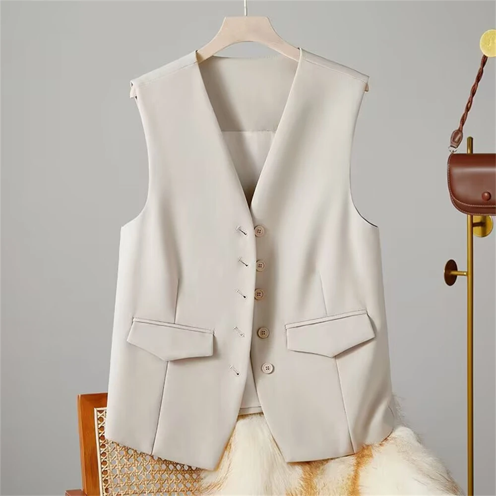Office Lady Blazer Vest Women's Elegant Business Wear V Neck Single-breasted Waistcoat Female Sleeveless Solid Color Suit Vest