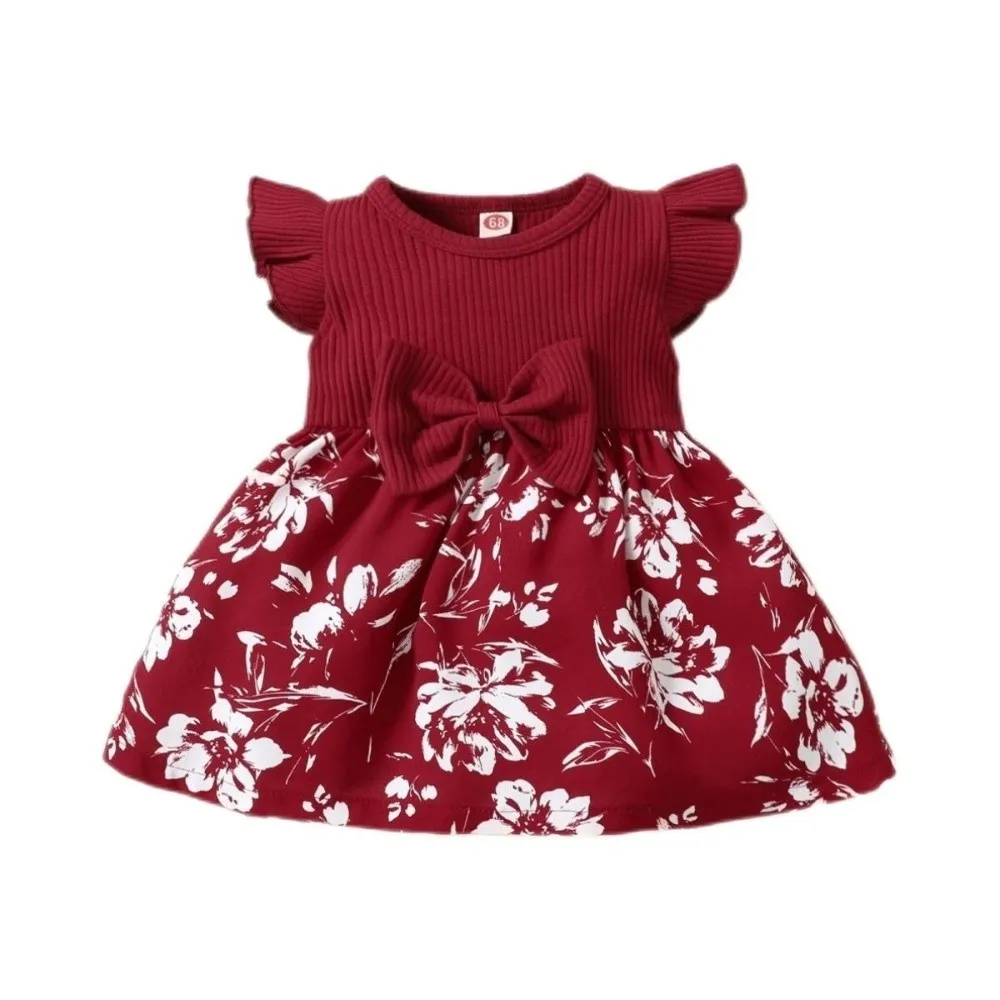 Colorful Bow Baby Girl Dress Cotton Short Sleeve Newborn Clothes Set Floral Soft Infant Red Princess Dress Photoshoot Outfit