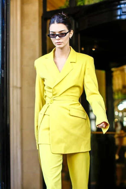 Fashion Yellow Women Suits 2 Pieces With Belt Blazer+Pants Prom