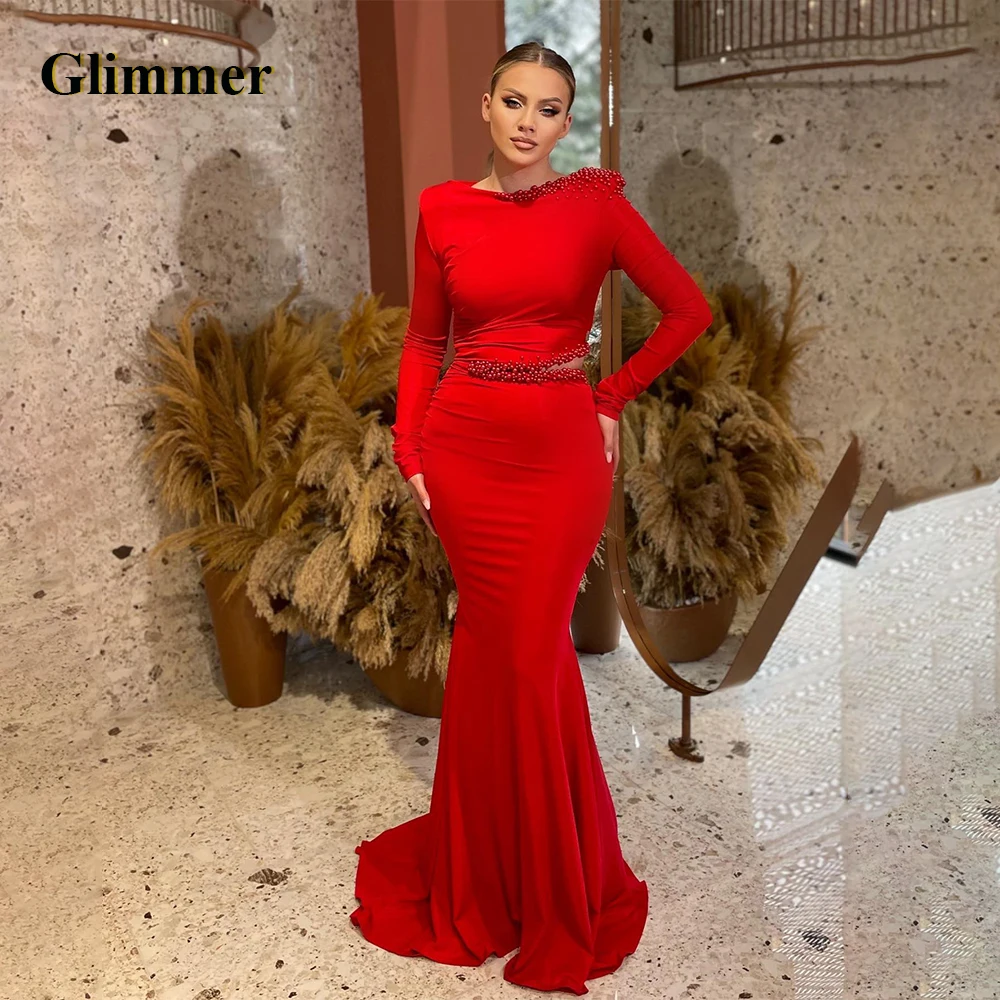 

Glimmer Graceful Long Sleeves Evening Dresses Trumpet Satin Beadings Pleat Zipper Sweep Train Robes De Soiree Custom Made