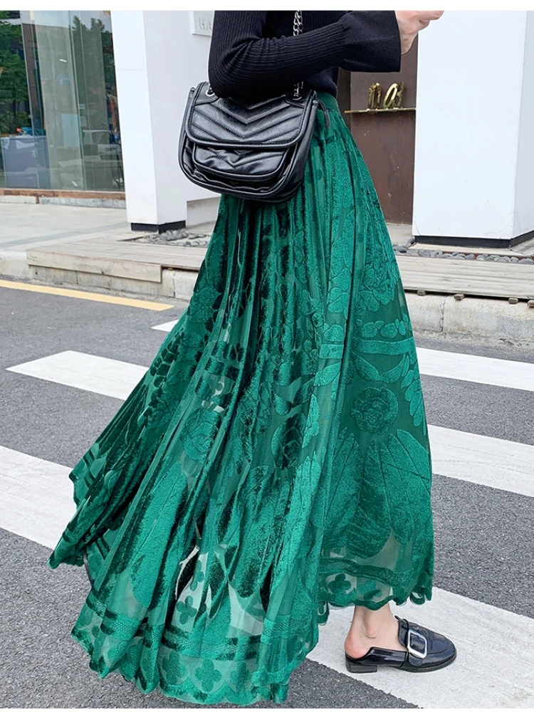 Mid Long Skirts Womens Maxi Skirt 2023 Autumn Winter Korean Fashion Casual High Waisted Jacquard Ladies A-Line Velvet Skirt rok