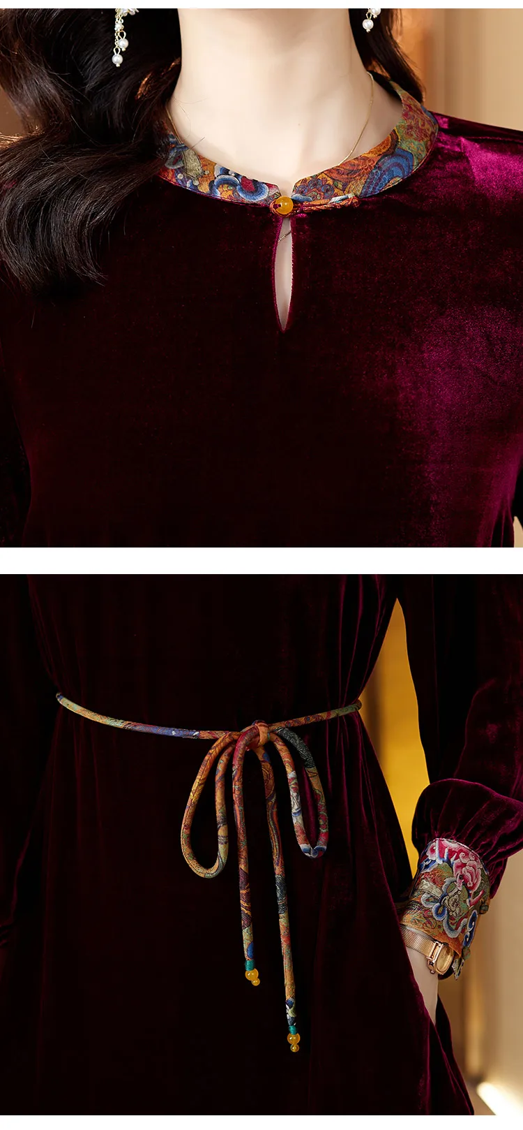 Robe à Manches Longues En Velours Rouge Doré Pour Femme, Grande Ceinture Monochrome, Col Rond, Robe Longue Mince, Longueur Au Genou, Automne, 2023