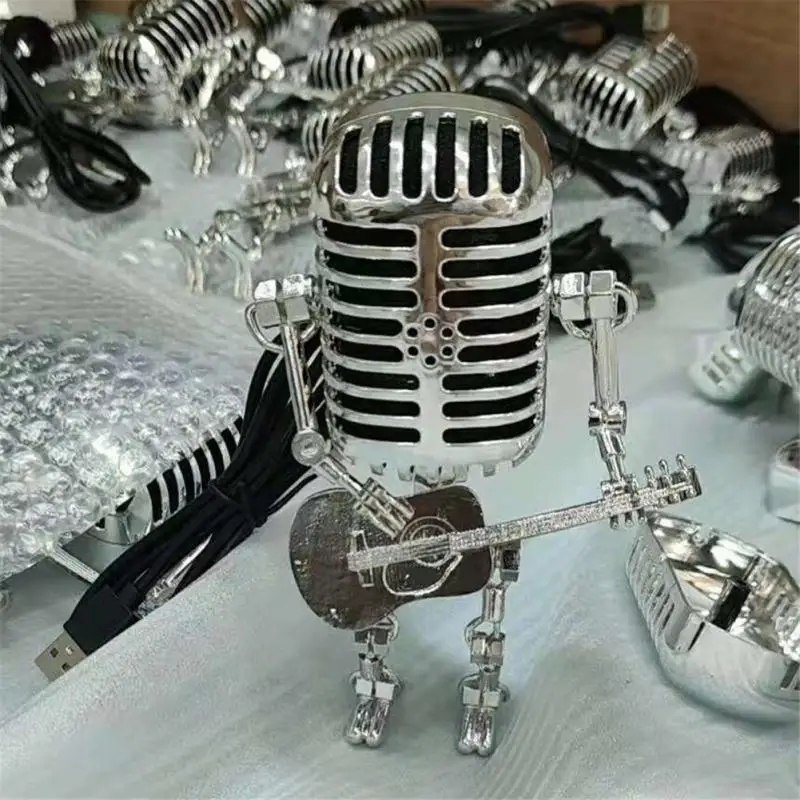 Vintage Microphone Robot Lamp Play Guitar Desk LED Lamp Lights Vintage Miniatures Crafts Lighting Office Home Decoration