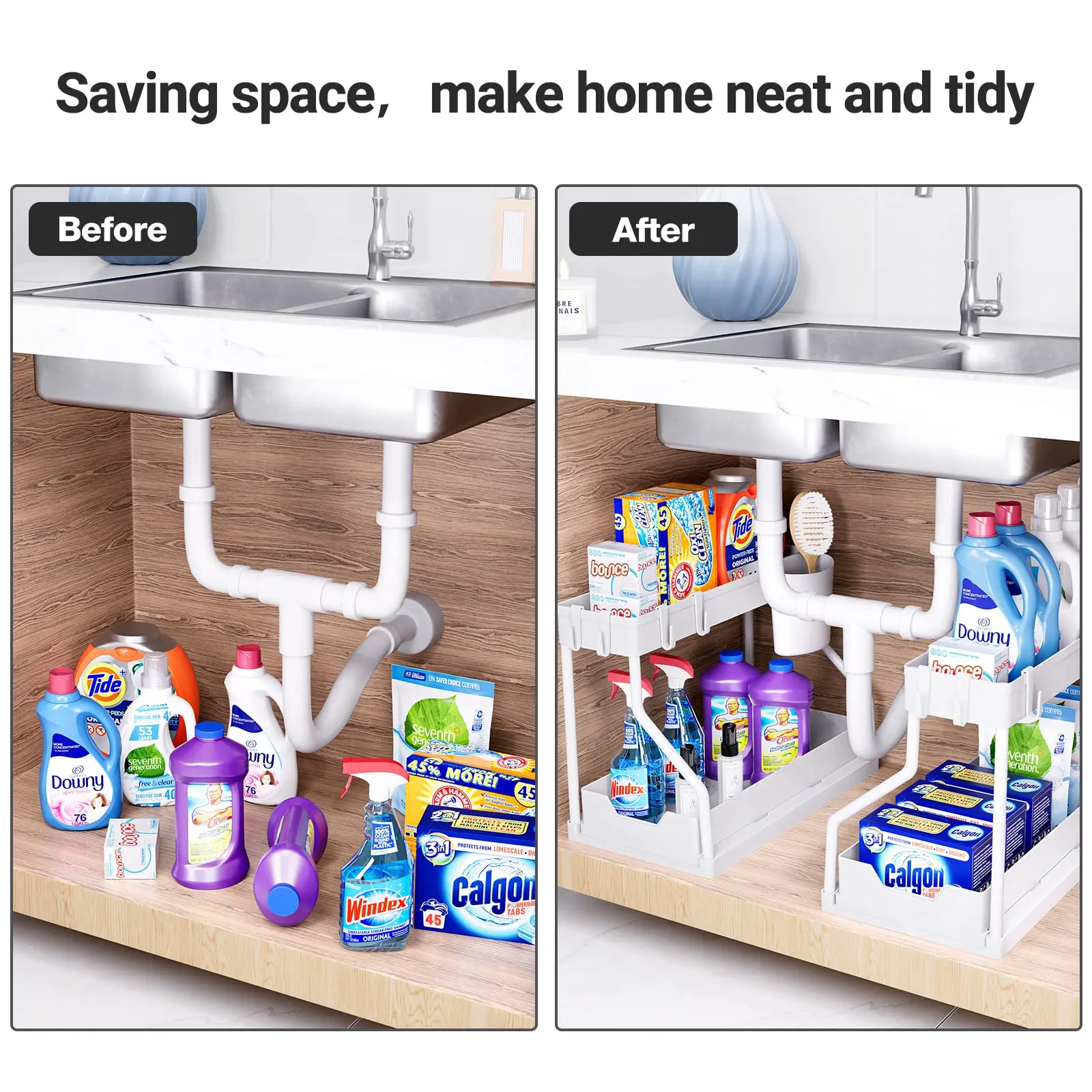 Sink Organizer Kitchen Cabinet Organizer 2-Tier Under Sink Organizer L-Shape Sliding Under Sink Organizers and Storage, Counter Pull Out Storage Rack