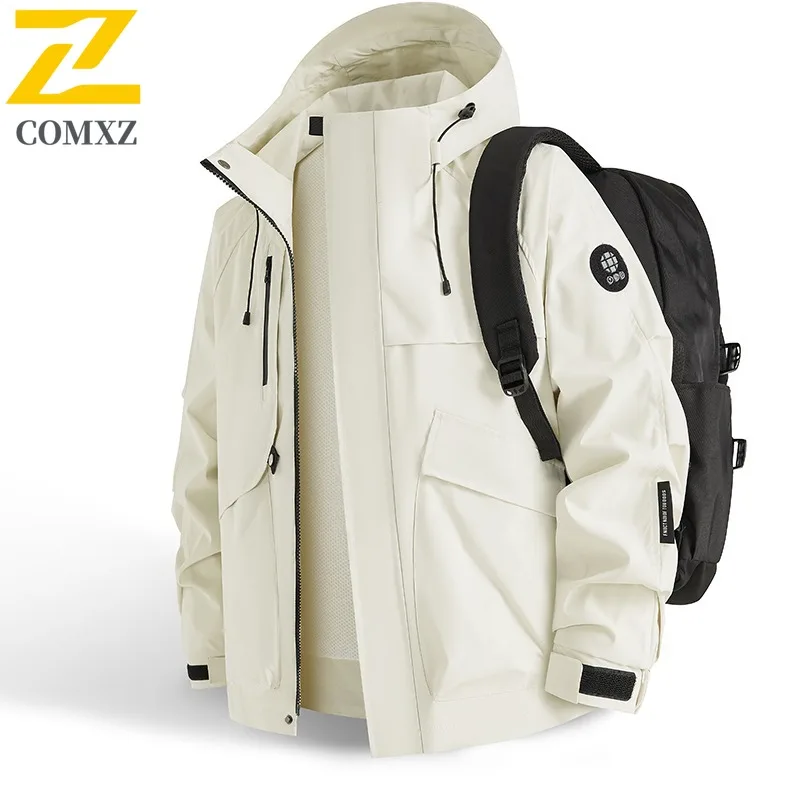 COMXZ Mens Jacket 2025 New Hooded Hiking Travel Lightweight Motorcycle Jackets Street Style Windproof Autumn New Outerwear