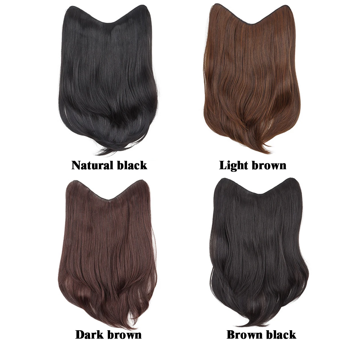 Synthetic U-shaped hair extension piece is naturally bent and clamped in a woman's hair invisible hair piece