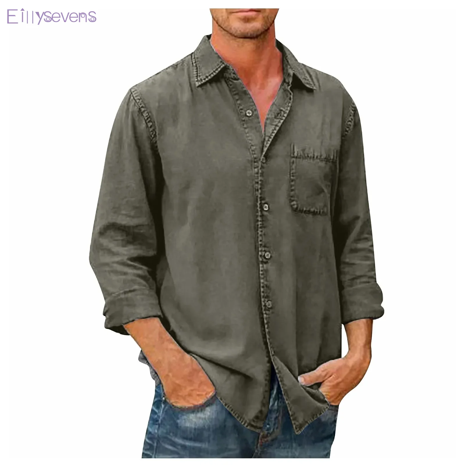 

Men's top Long Sleeve Shirts youthful vitality denim tops Casual Cotton Linen daily Solid Color shopping Loose Basic camisas