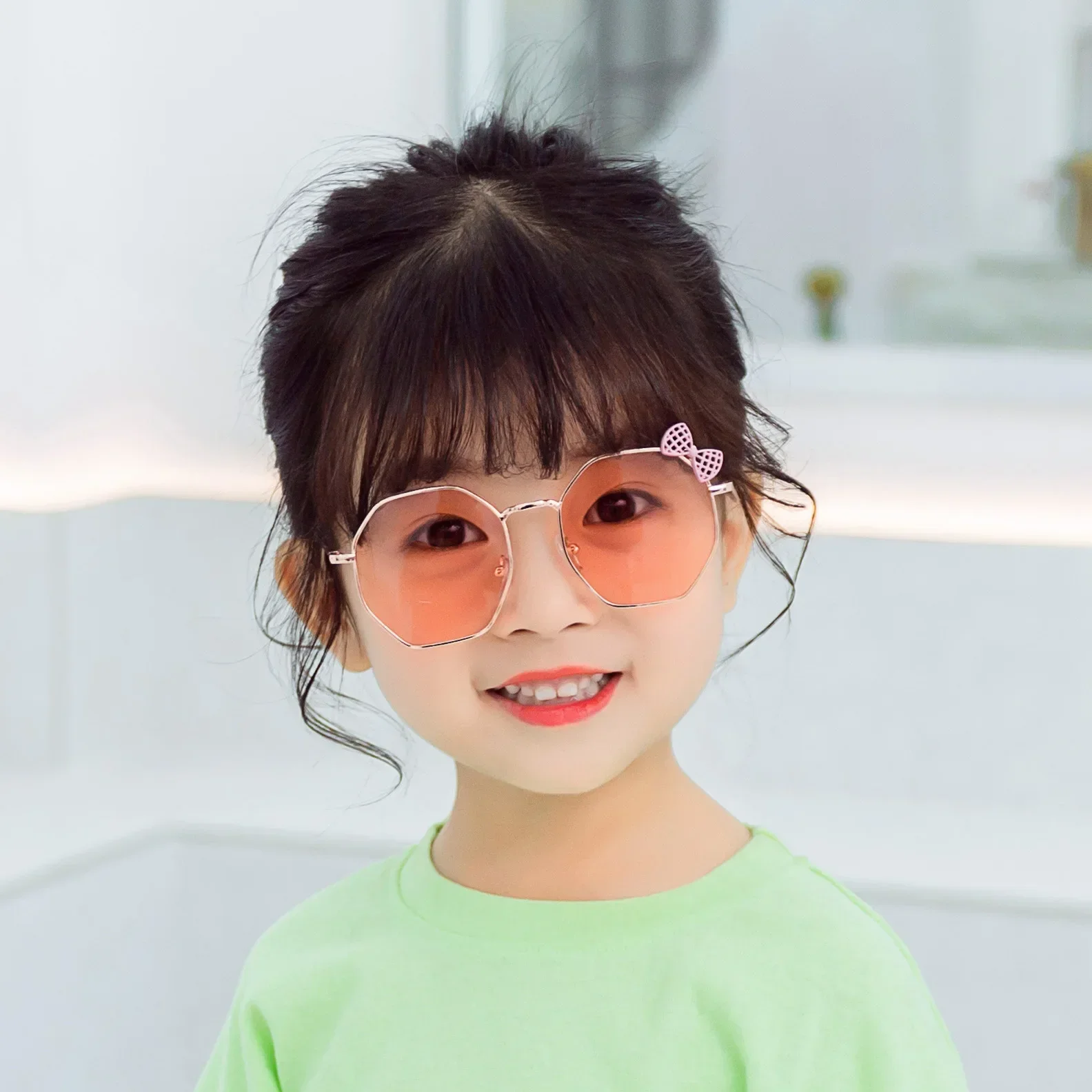 Trendy Fashion Boys and Girls Bow Metal Sunglasses B010 Polygon Trend Children's Sun Glasses Kids Outdoor UV400 Eyewear