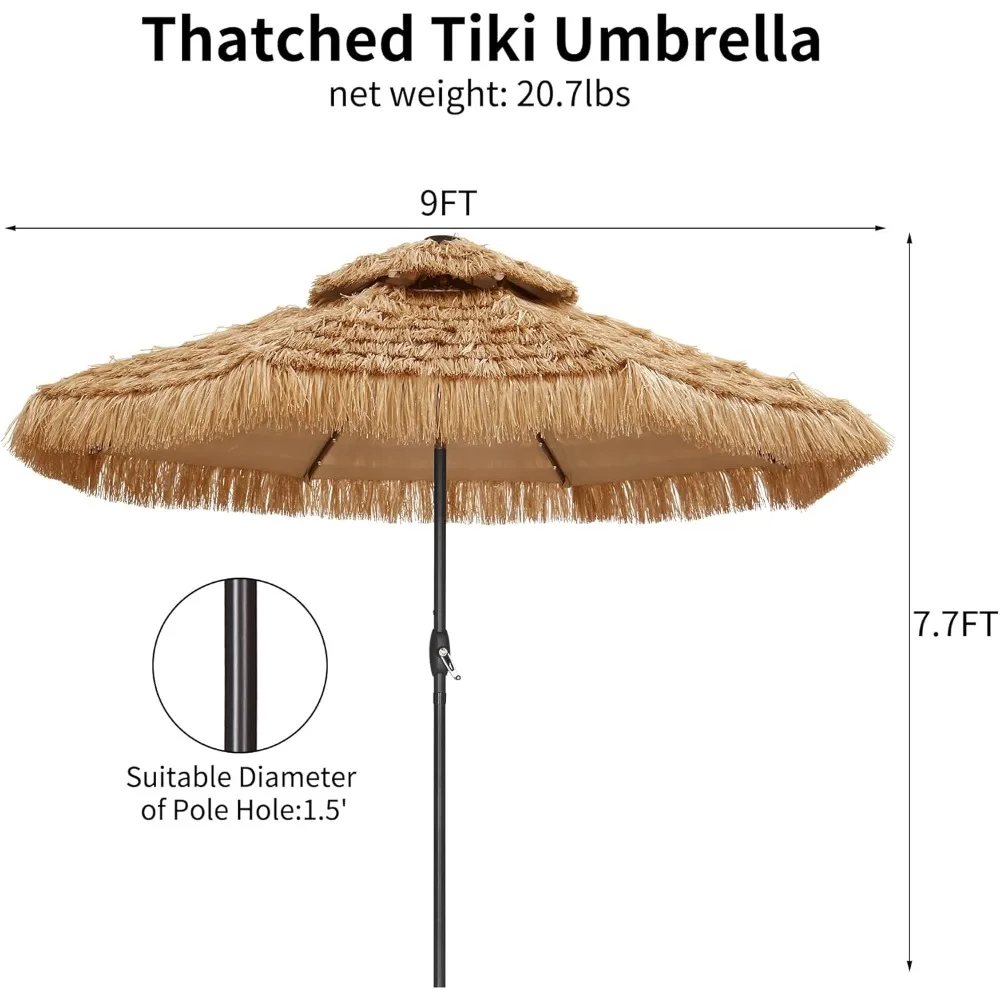 9 ft 2-Tier Solar Tiki Umbrella, 32 LED Ligths Hula Thatched Tiki Umbrella, Straw Umbrella, Pool, Patio, Beach 2