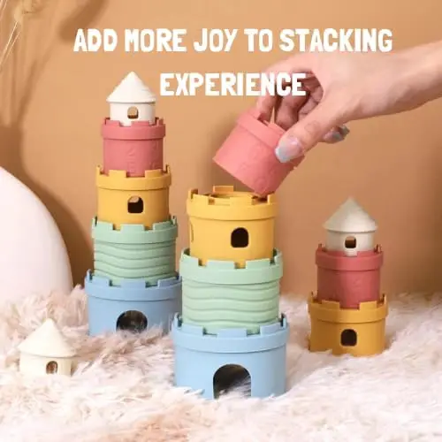 Silicone Stacking Cups Teething Toys for Babies Castle Learning Tower for Infants Toddlers Soft Bath Toy 1-3 Years gift 5Pcs/SET
