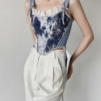 New Halo Dyed Jacquard Denim Blue Hot Girls' Versatile Corset Top with Back Strapping Vest and Back Strapping Corset Bustier Top