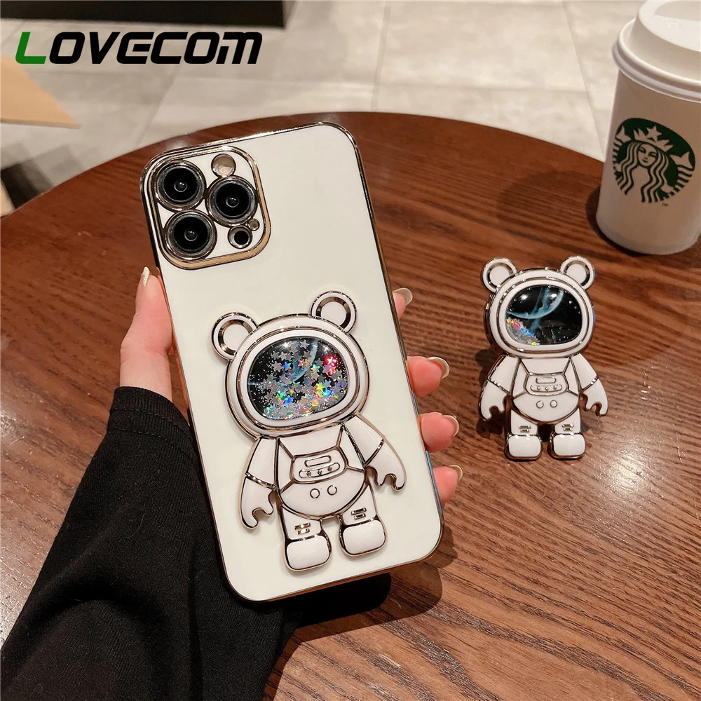 Cute Quicksand Glitter Bear Astronaut Stand Case For iPhone 14 13 12 11
