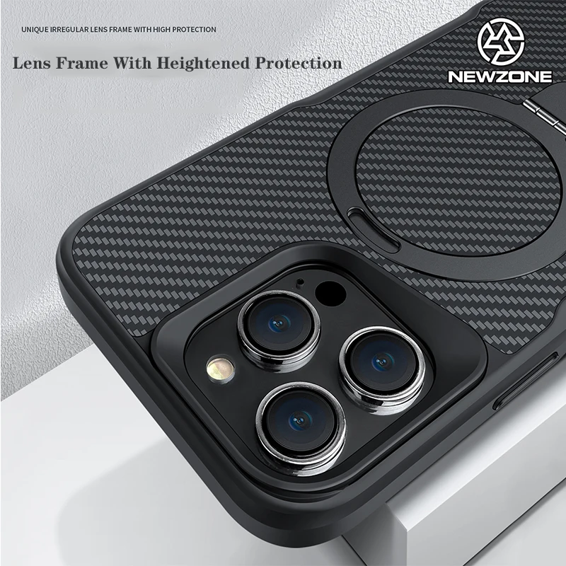 Sleek Carbon Fiber Textured Magnetic Phone Case with Soft Rubber Frame and Metal Stand