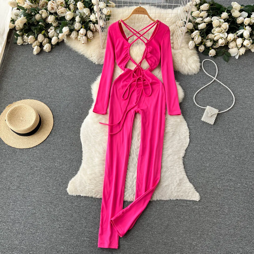 

Pure Desire for the Wind Hot Girls Slim Slim Sexy Design Sense Cross Hollow Solid Color Waist Elastic Jumpsuit