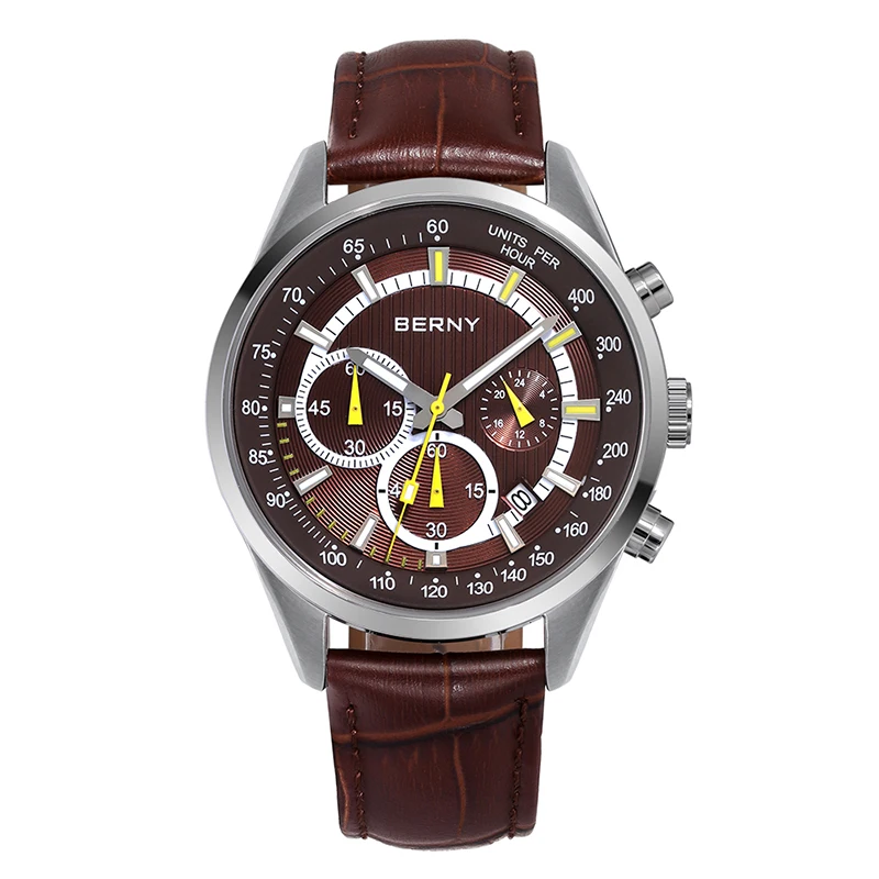 BERNY VD55 Quartz Sports Wristwatch Super Luminous Watch for Men Date Leather Strap Chronograph Mens Watches Top Brand Luxury jordan super play dm1683 300 mens sneakers