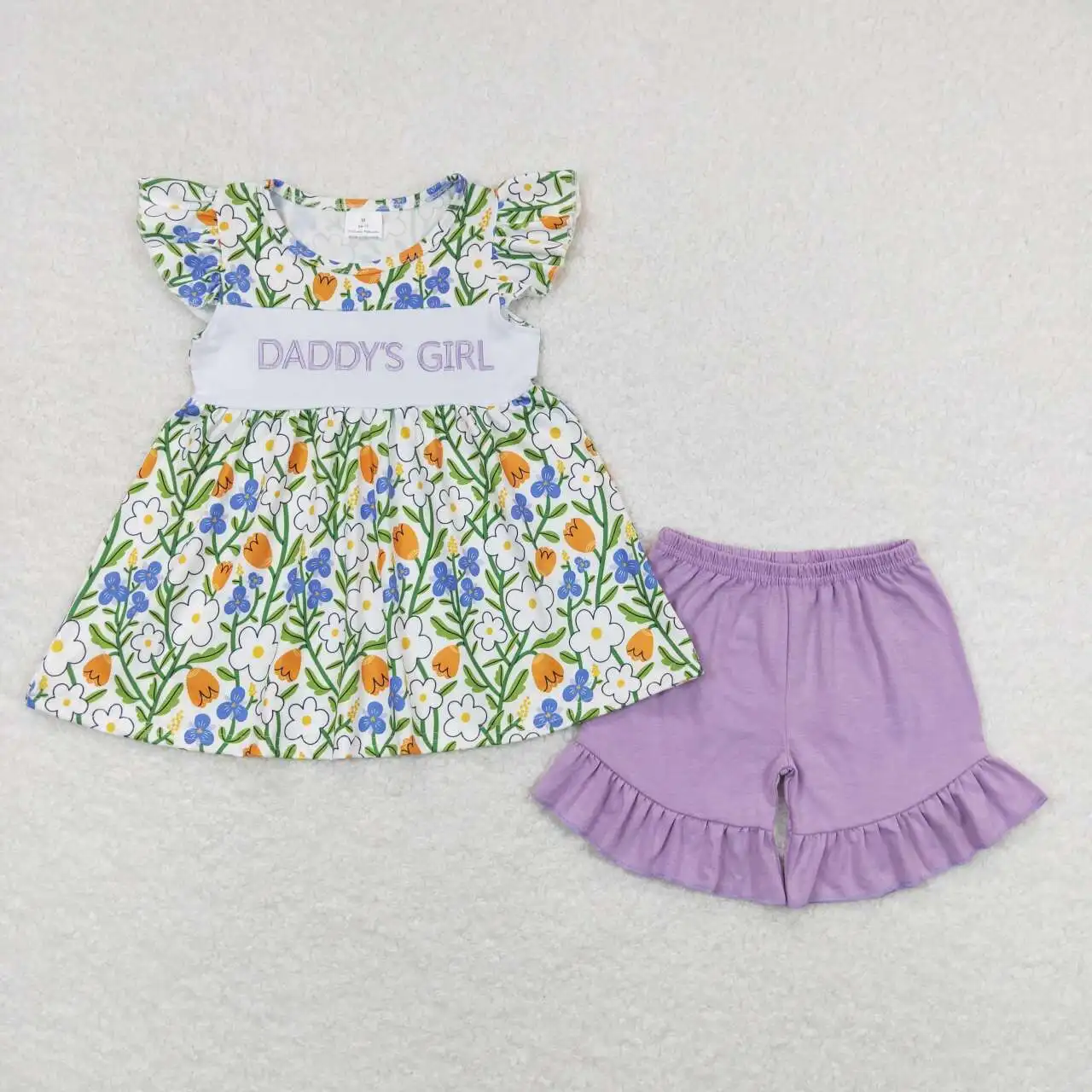 Wholesale Summer Kids Embroidery Set Children Daddy's Girl Tunic Love Dad Tops Toddler Ruffle Shorts Floral Ducks Leopard Outfit