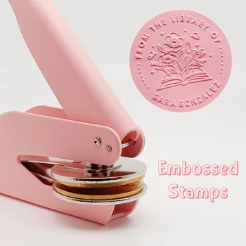 Timbro con goffratura LOGO personalizzato Biblioteca di nozze Libro Sigilli privi Personalizzazione Busta Invito a festa Manico colorato Fai da te