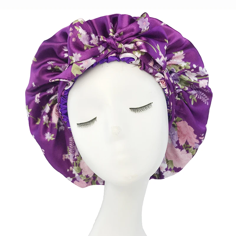 Soft Silky Print Satin Bonnet for Women Large Nightcap with Long Satin Ribbon Tie Band Bonnet Adjustable Wide Band Head Wrap Hat 5