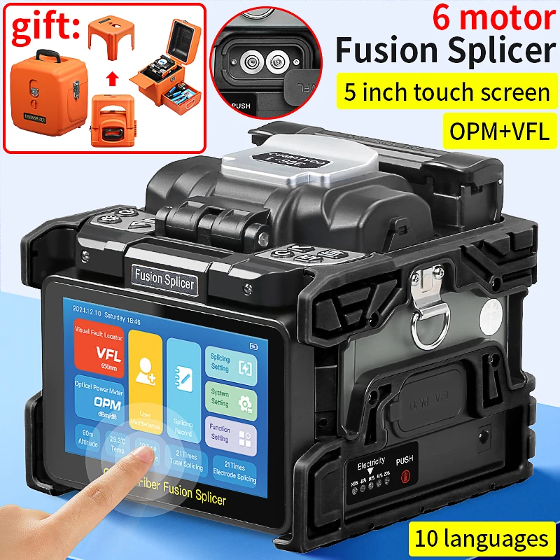 COMPTYCO L-90C Fiber Optic Fusion Splicer Machine 6 Motors 10 Languages Optical Fiber Core Hot Melt Machine Built-in OPM VFL
