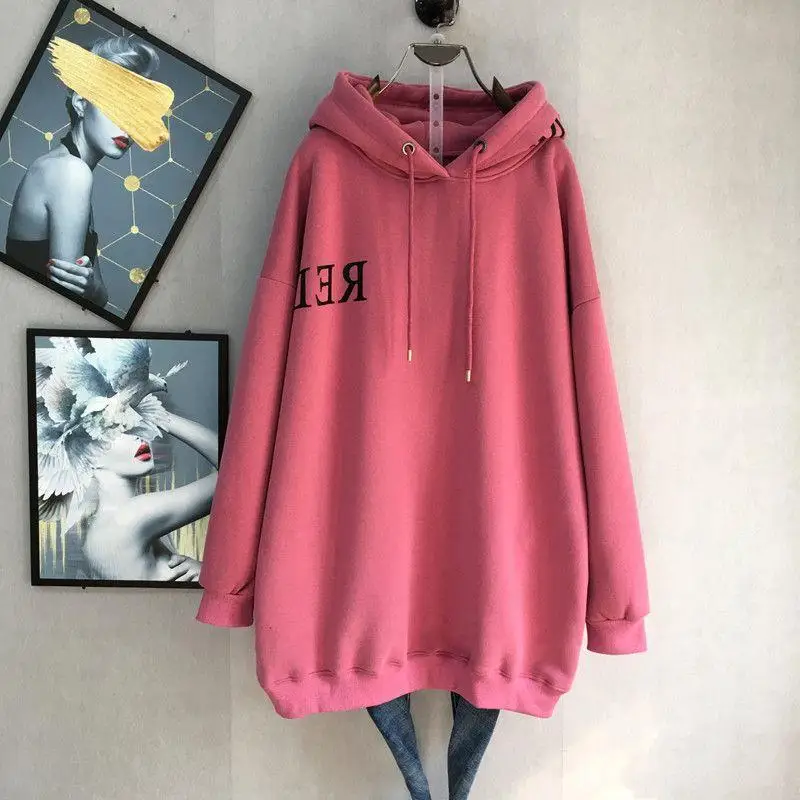 Autumn Winter New Solid Color Long Sleeve Mid-length Sweatshirt Women High Street Casual Loose Hooded Thicken Warm Pullovers