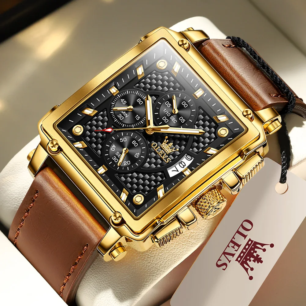 OLEVS Original Men's Luxury Watch Square Quartz Sport Watches Leather Waterproof Top Brand Wristwatch Men Gift Clock with Box