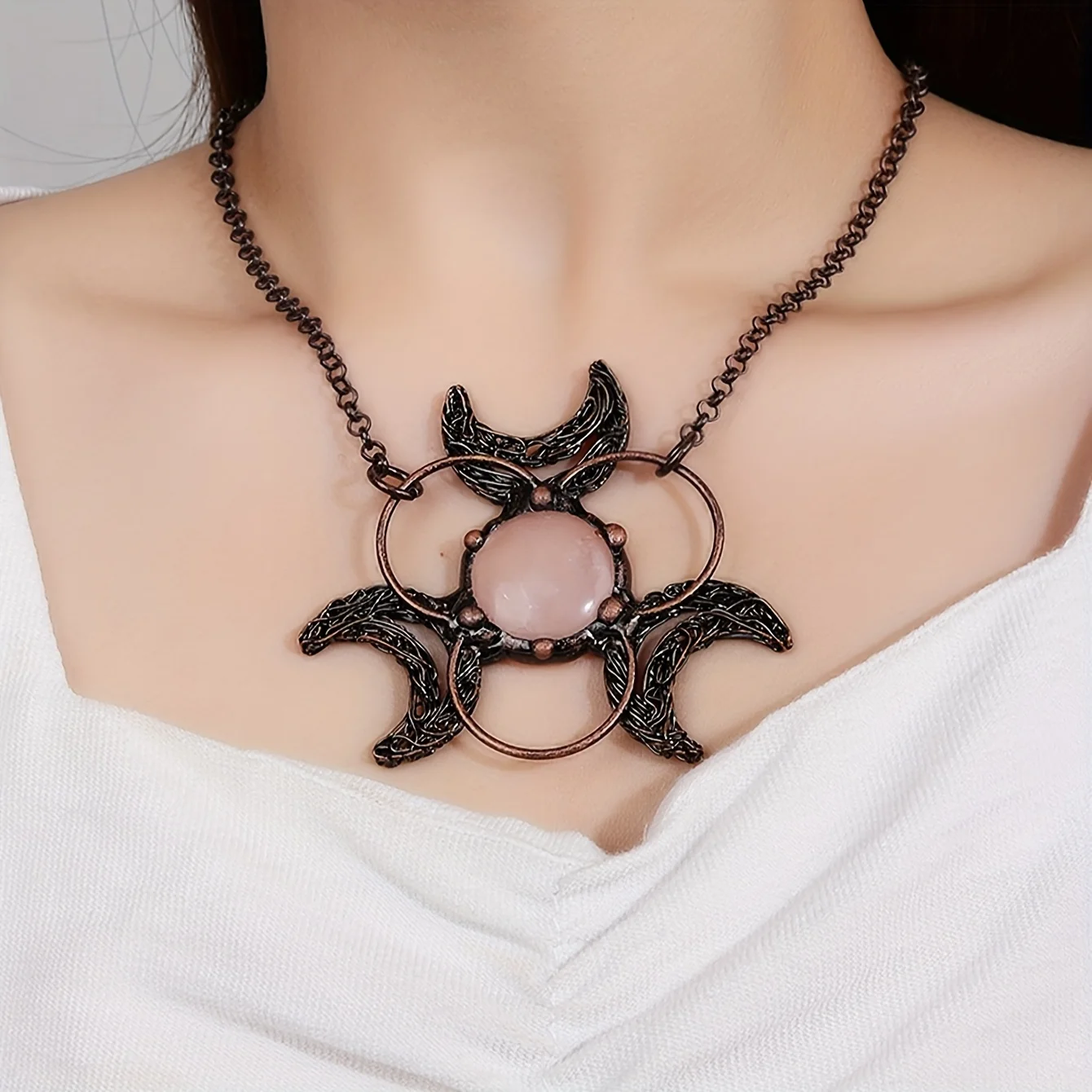 YEEVAA Retro Style Three Moon Combination Natural White Crystal Inlaid Pendant Necklace For Women Party Gift(With Chain)