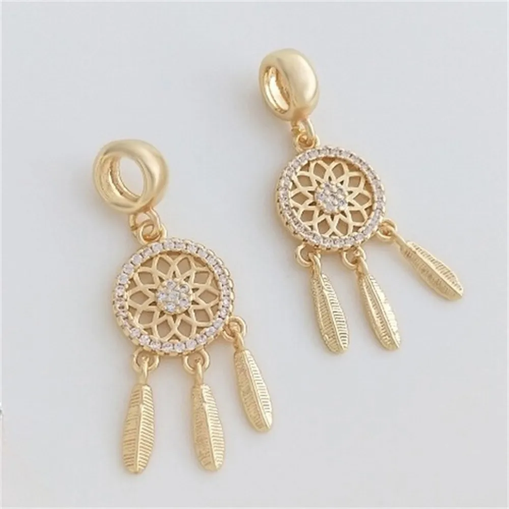 14K Gold Package with Micro Inlaid Zircon Flower Net Three Hanging Feathers Large Hole Beads Necklace Jewelry DIY Charms Pendant 14k gold inlaid zircon three dimensional bow pendant jewelry diy handmade earrings bracelet charms pendant k368