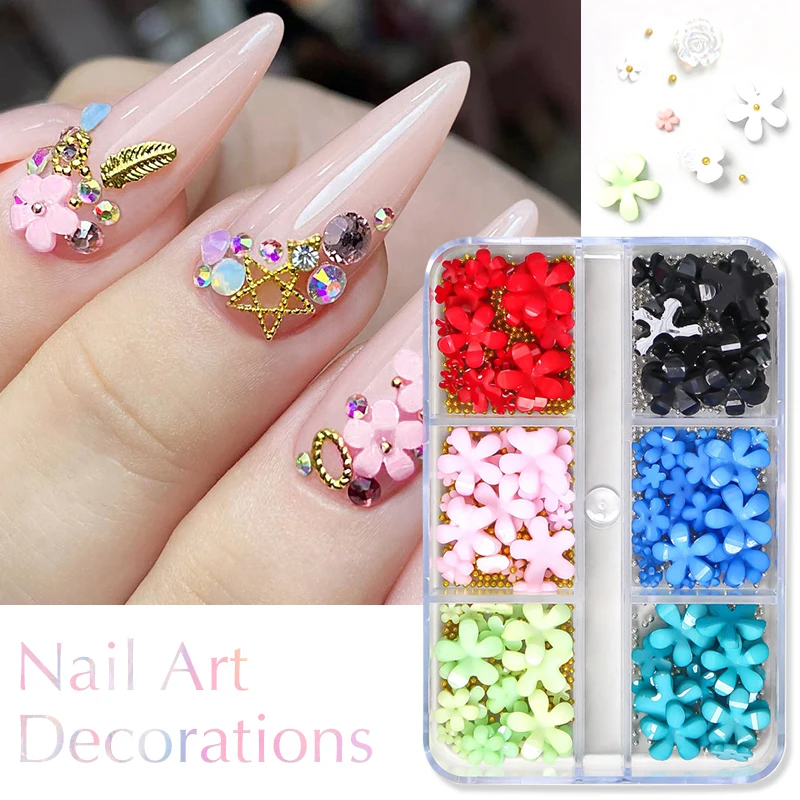 6 Grids 3D White Acrylic Flower Nail Parts Mixed Steel Beads Charms Design  Nail Art Decoration DIY Jewelry Accessory 