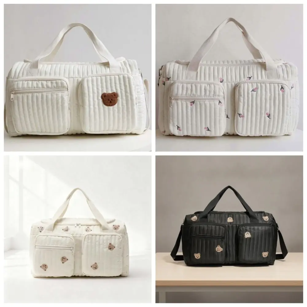 Borsa Tote Ricamata Grande Capacità, Organizer per Pannolini, in Cotone Trapuntato, con Orsetto Carino, Borsa per Mamma con Cerniera, Lavabile, da Viaggio, per Bambini - immagine 6