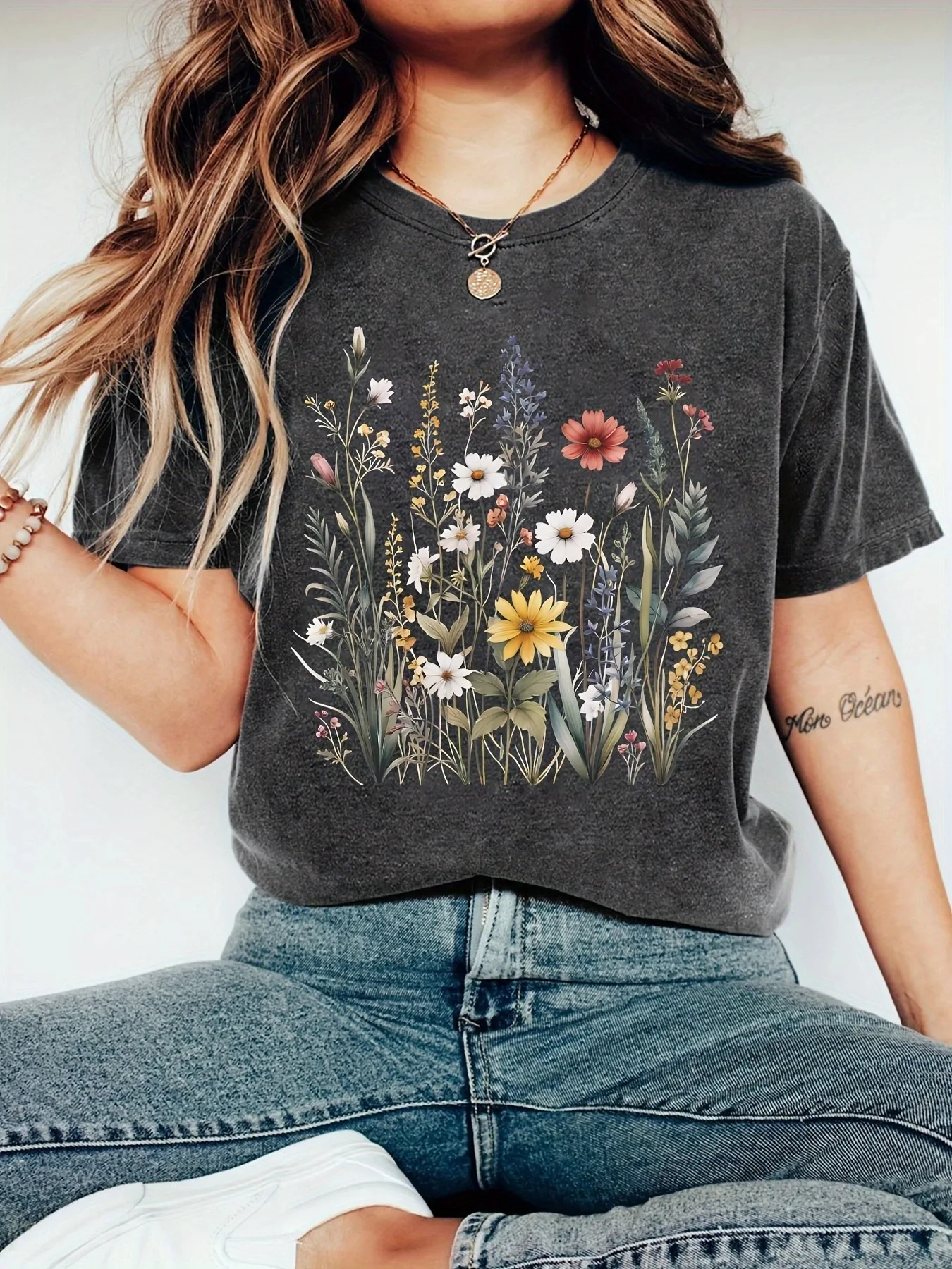 

New women's plant flower print casual loose round neck short sleeve T-shirt women's top Harajuku cotton 100%