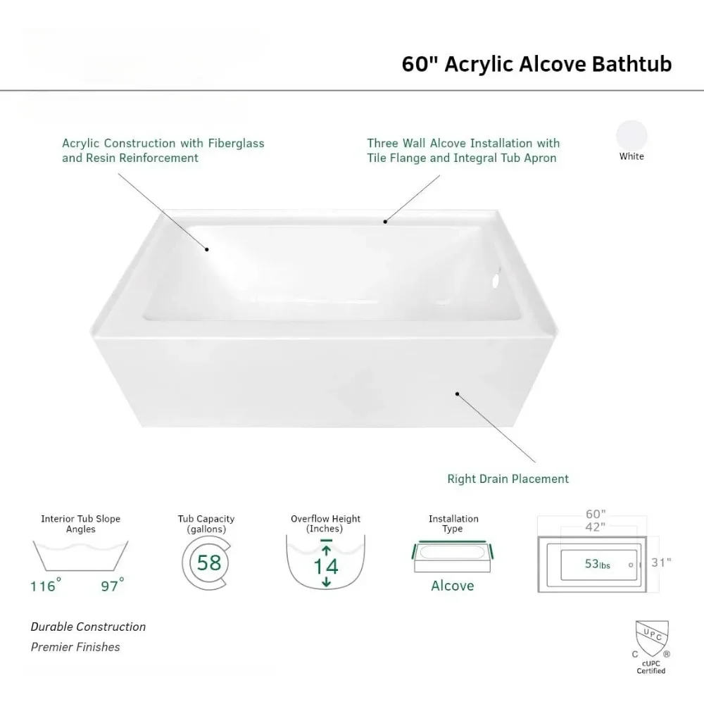 60" Acrylic Bathtub with Fiberglass and Resin Reinforcement，Three Wall Alcove Installation with Tile Flange，Alcove Bathtub 4
